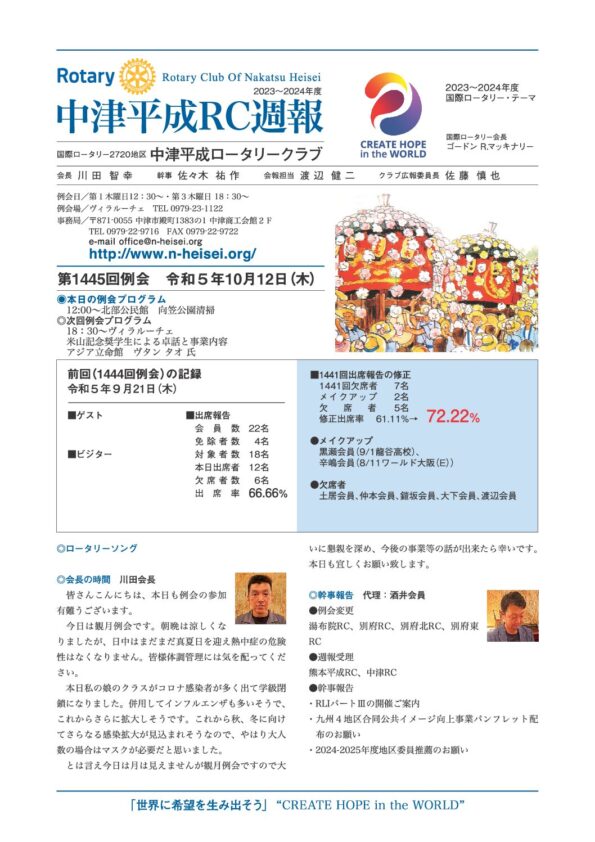 第1445回例会　 令和５年10月12日(木)