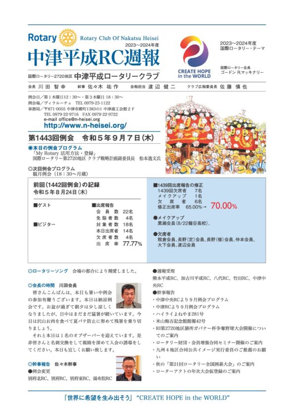 第1443回例会　 令和５年９月７日(木)