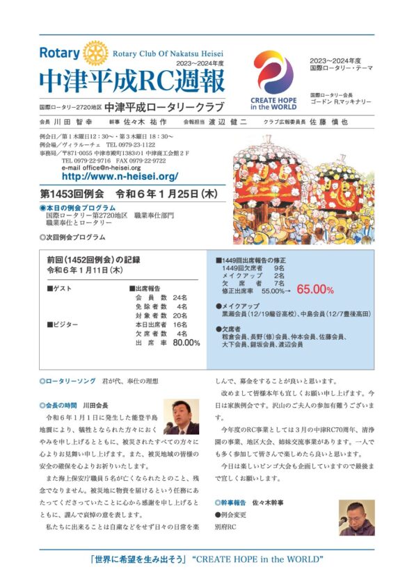 第1453回例会　 令和６年１月25日(木)