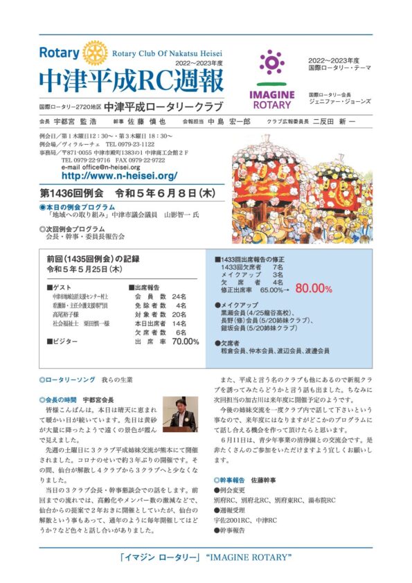 第1436回例会　 令和５年６月８日(木)