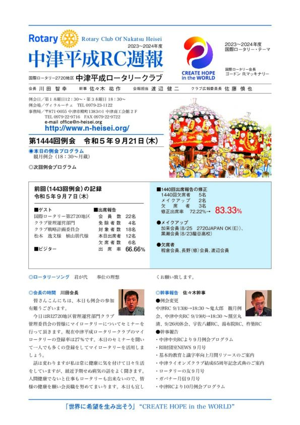 第1444回例会　 令和５年９月21日(木)