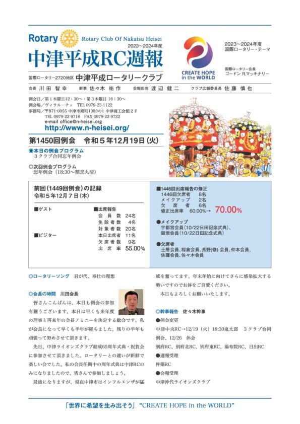 第1450回例会　 令和５年12月19日(火)