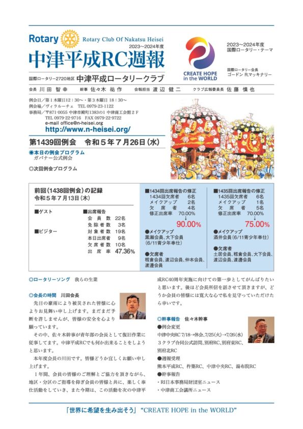 第1439回例会　 令和５年７月26日(水)