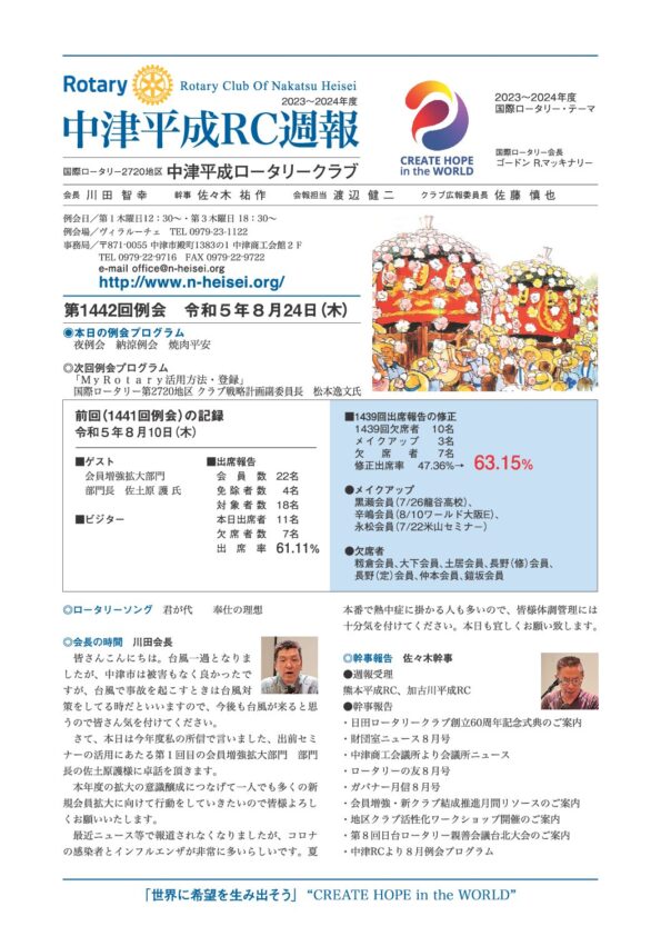 第1442回例会　 令和５年８月24日(木)
