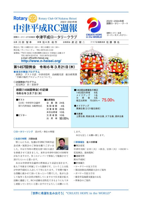 第1457回例会　 令和６年３月21日(木)