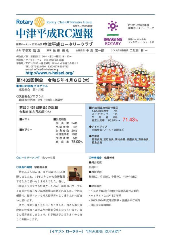第1432回例会　 令和５年４月６日(木)