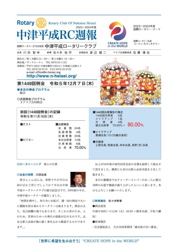 第1449回例会　 令和５年12月７日(木)