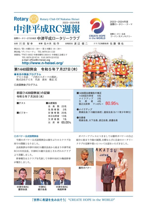 第1440回例会　 令和５年８月27日(木)
