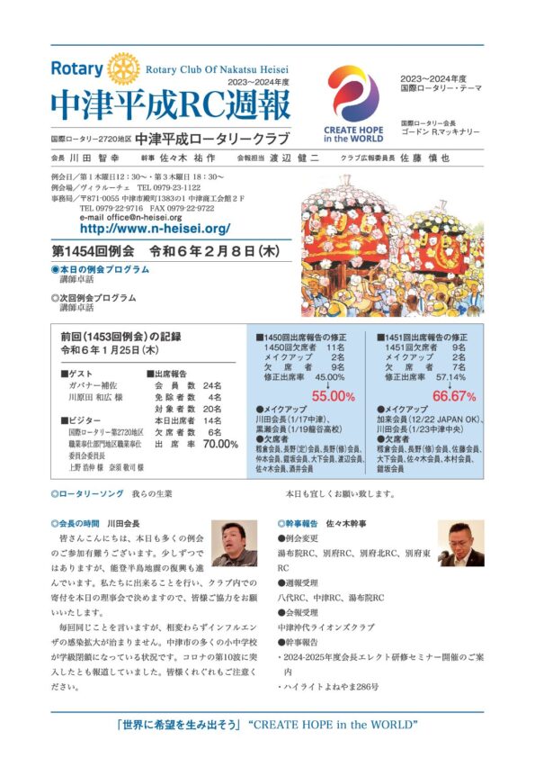 第1454回例会　 令和６年２月８日(木)