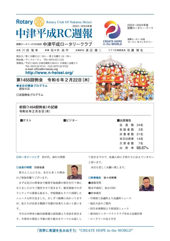 第1455回例会　 令和６年２月22日(木)